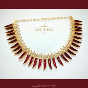 Traditional Pulinegam Stone Choker with red long pulinegam and white AD stones premium gold finish MG-2209