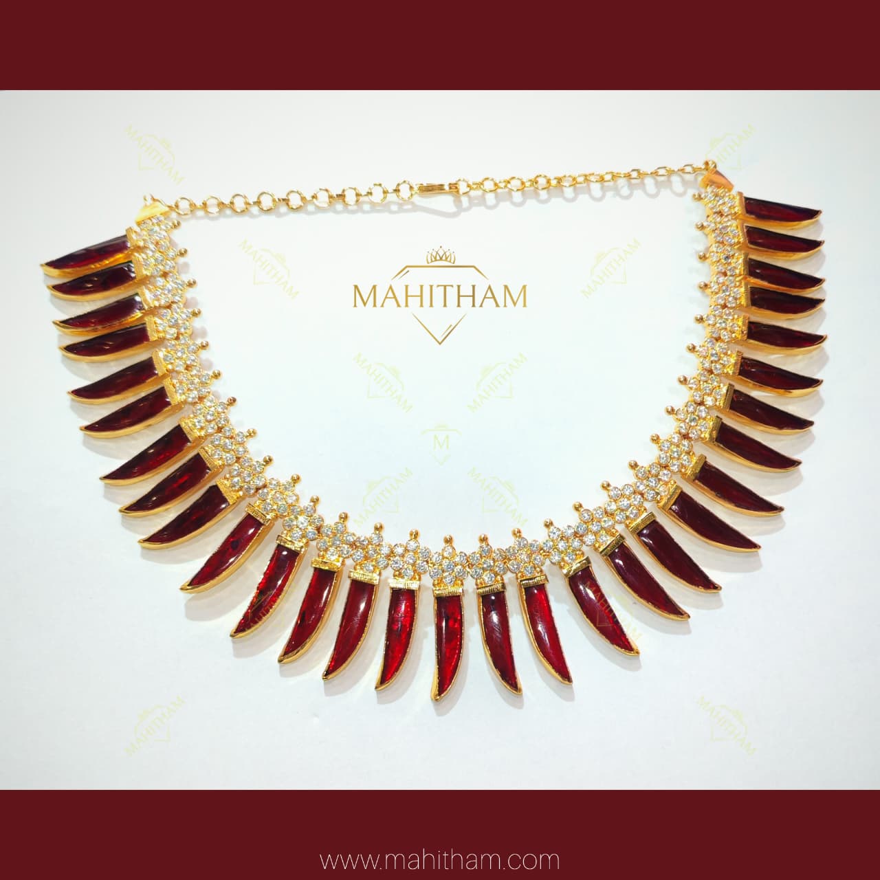 Traditional Pulinegam Stone Choker with red long pulinegam and white AD stones premium gold finish MG-2209