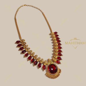 Traditional red nagapadam glass stone necklace with white AD stones premium gold finish MG-2212.