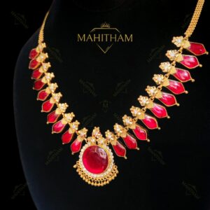 Traditional red nagapadam glass stone necklace with white AD stones premium gold finish MG-2212.