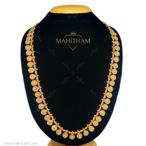 Traditional ruby Nagashi Lakshmi coin haram long necklace with press Lakshmi motifs premium gold finish MG-2213.