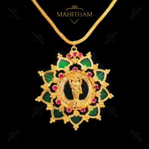 Green palakka Saraswathy pendant close design with ruby stones traditional pendant with chain MG-2215