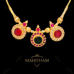 Close view red green stone designer necklace with ruby centre and white AD stones traditional necklace MG-2216