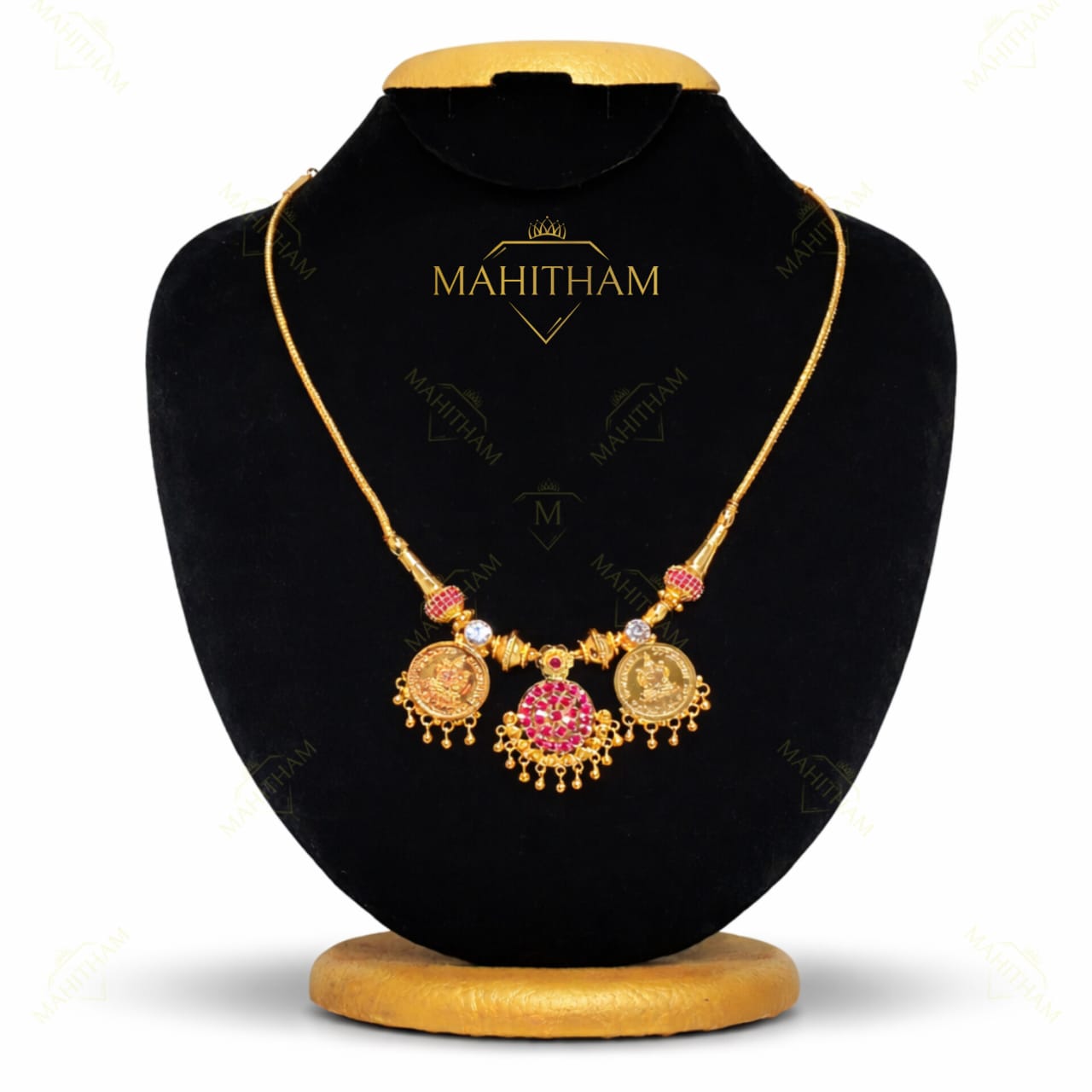Traditional ruby Lakshmi coin necklace with white AD stones designer temple jewellery MG-2217