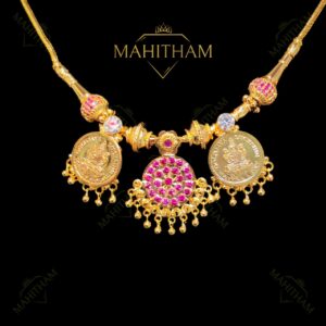 Close view Lakshmi coin ruby centre necklace with white AD stones traditional designer necklace MG-2217