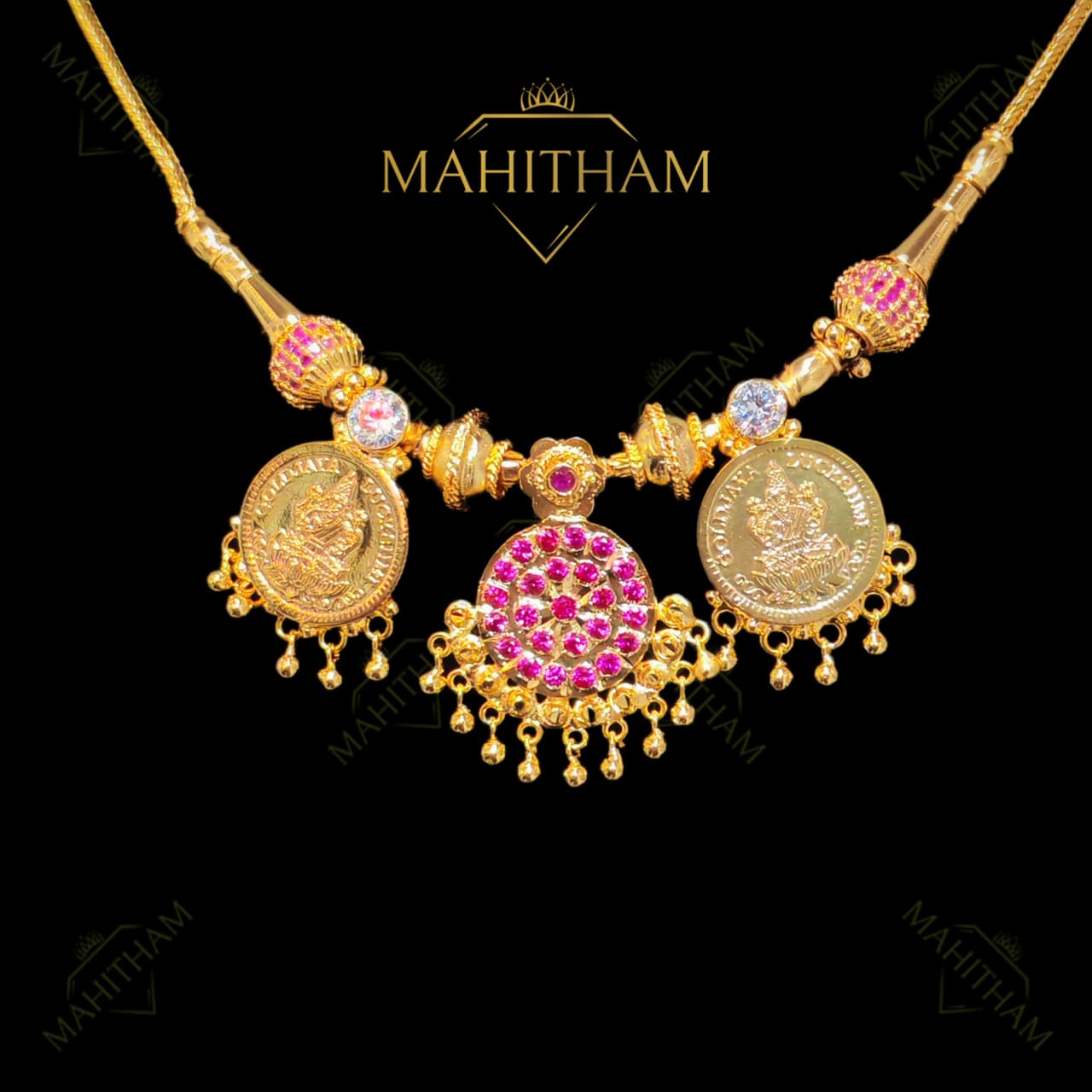 Close view Lakshmi coin ruby centre necklace with white AD stones traditional designer necklace MG-2217