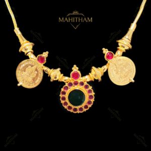 Lakshmi coin designer necklace with green glass center stone and ruby border traditional temple jewellery MG-2220