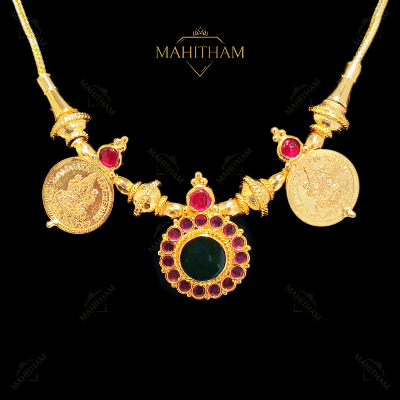 Lakshmi coin designer necklace with green glass center stone and ruby border traditional temple jewellery MG-2220