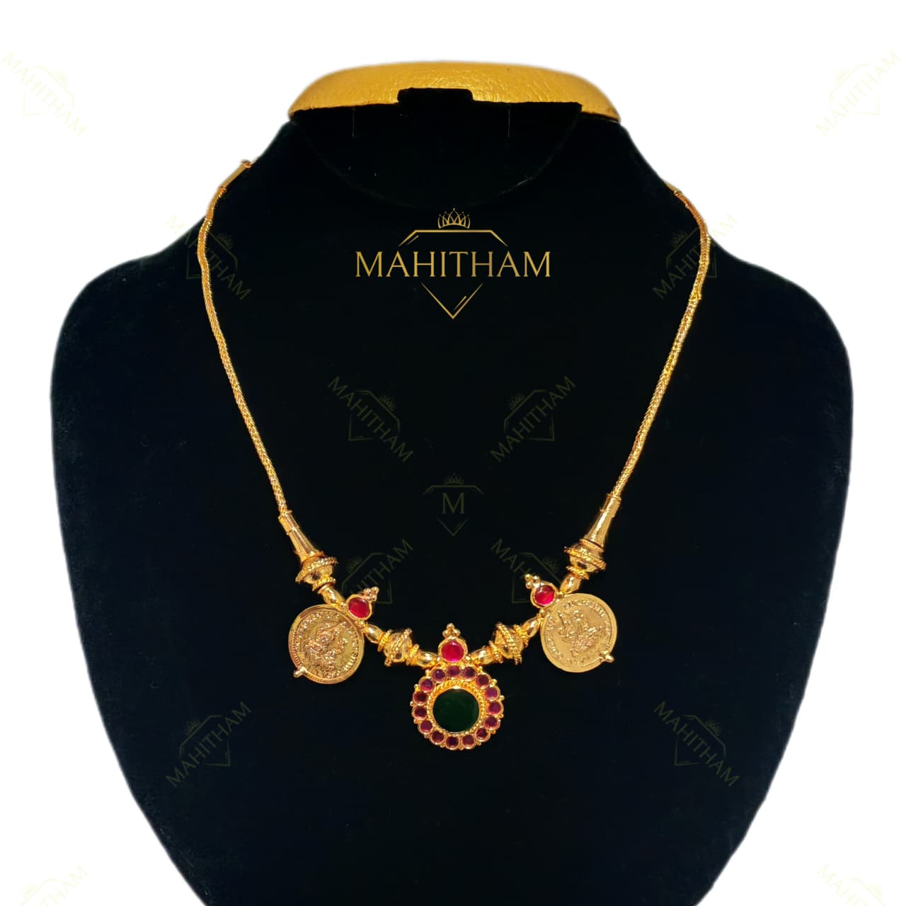 green ruby coin traditional necklace with Lakshmi coin motif premium gold finish MG-2220