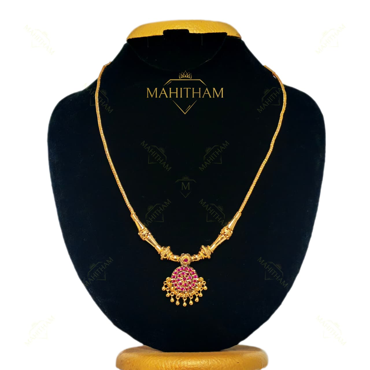 ruby kuzhal traditional necklace with ruby stone pendant premium gold finish MG-2221