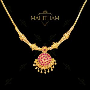 ruby kuzhal traditional necklace with ruby stone pendant premium gold finish MG-2221