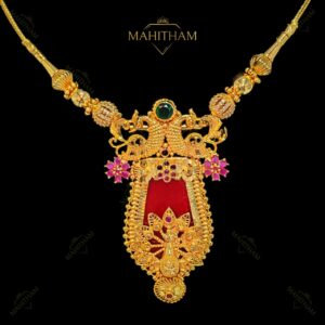 Kerala style red nagapadam pendant chain with green and ruby stones MG-2226