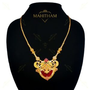 Handmade red palakka pendant with peacock motif Kerala traditional gold finish MG-2227