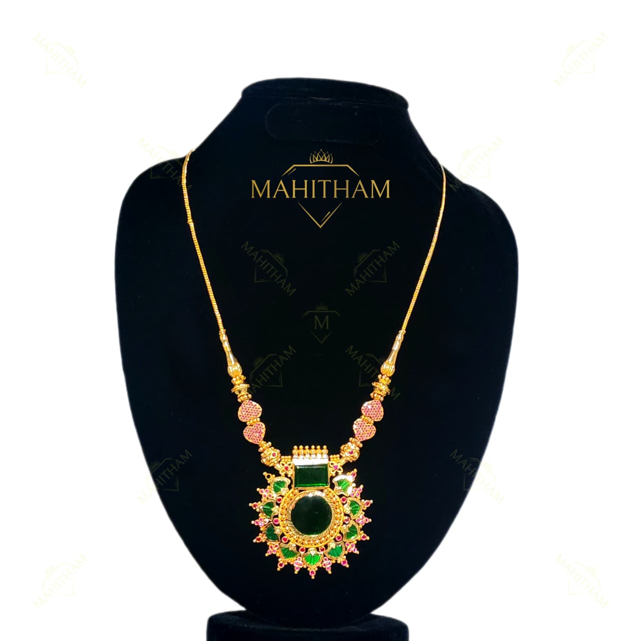 Green palakka pendant chain with round glass stone traditional jewellery MG-2228