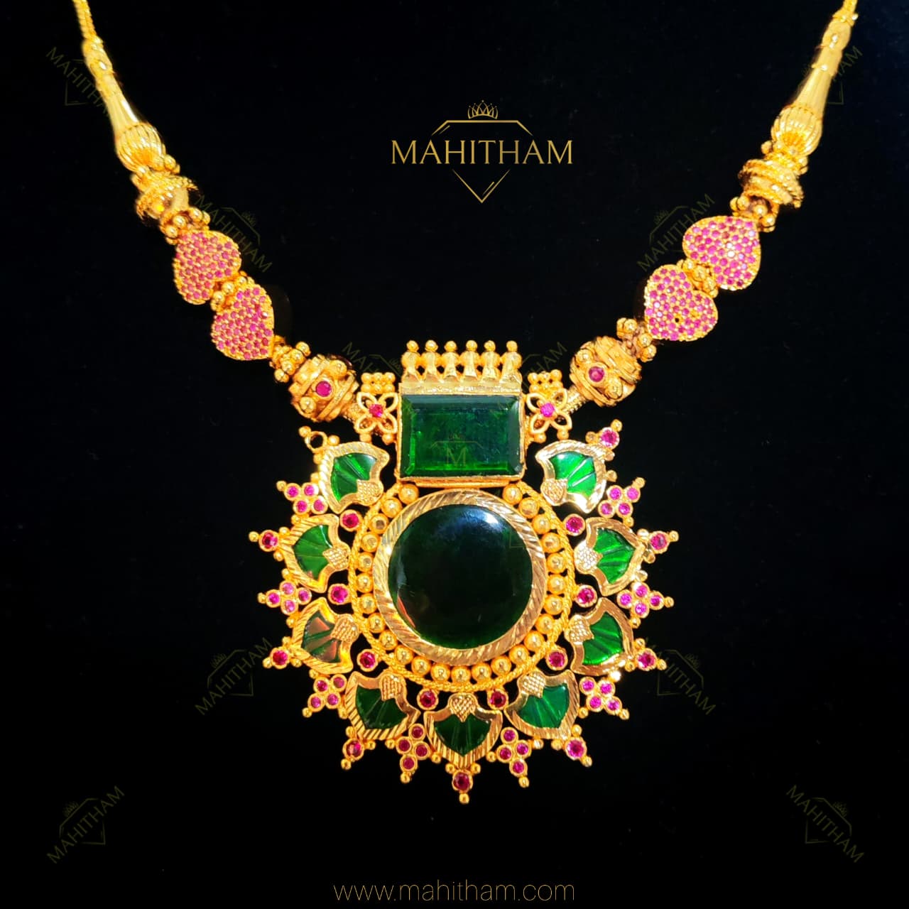 Kerala style green palakka pendant chain with ruby details MG-2228