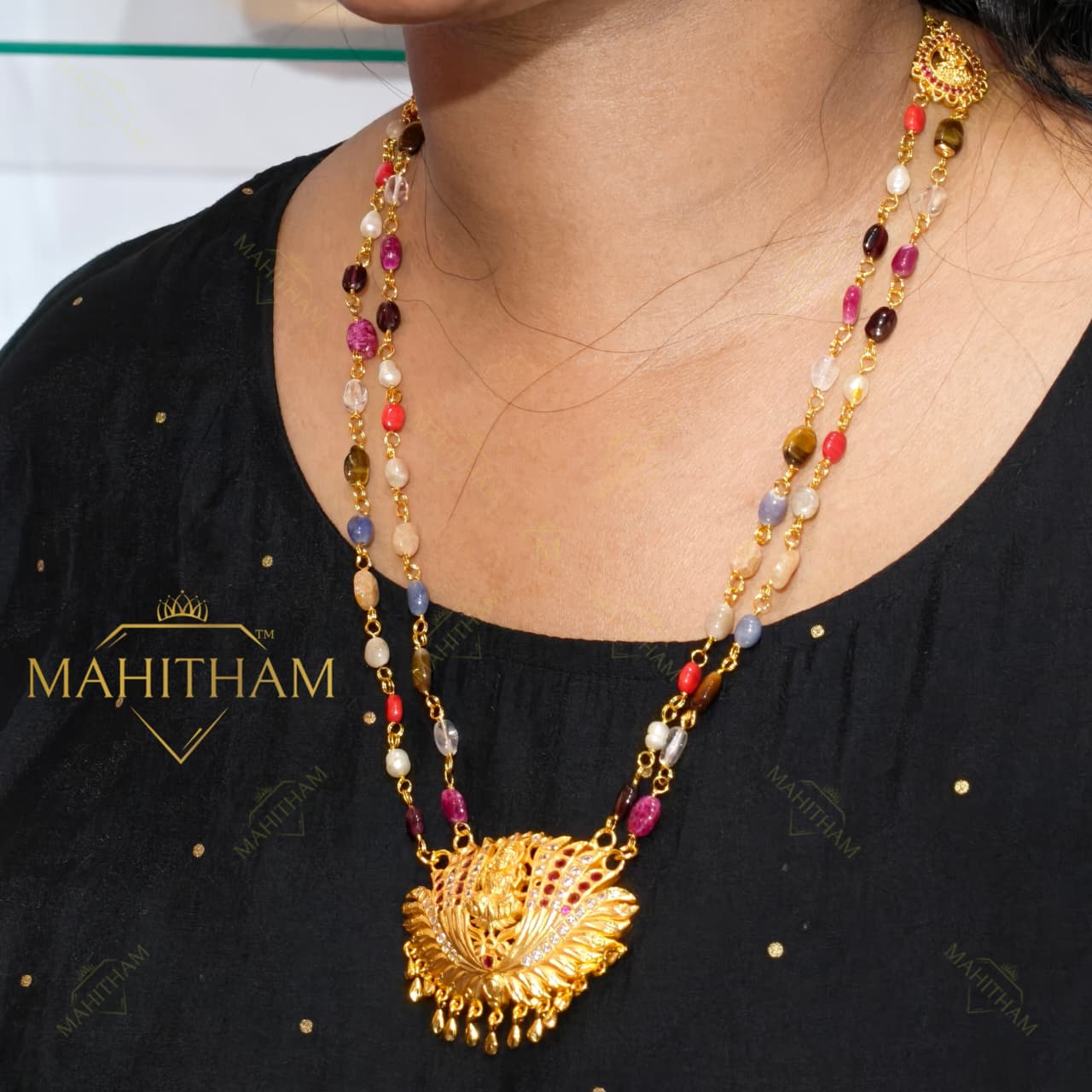 Navarathna Lakshmi lotus haram worn traditional long necklace MG-2234