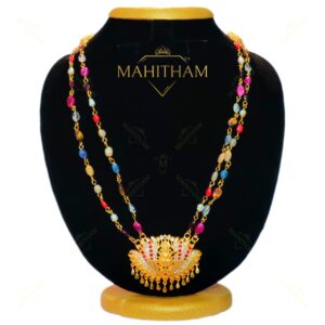 Navarathna Lakshmi Lotus Haram traditional long necklace ruby white stones MG-2234