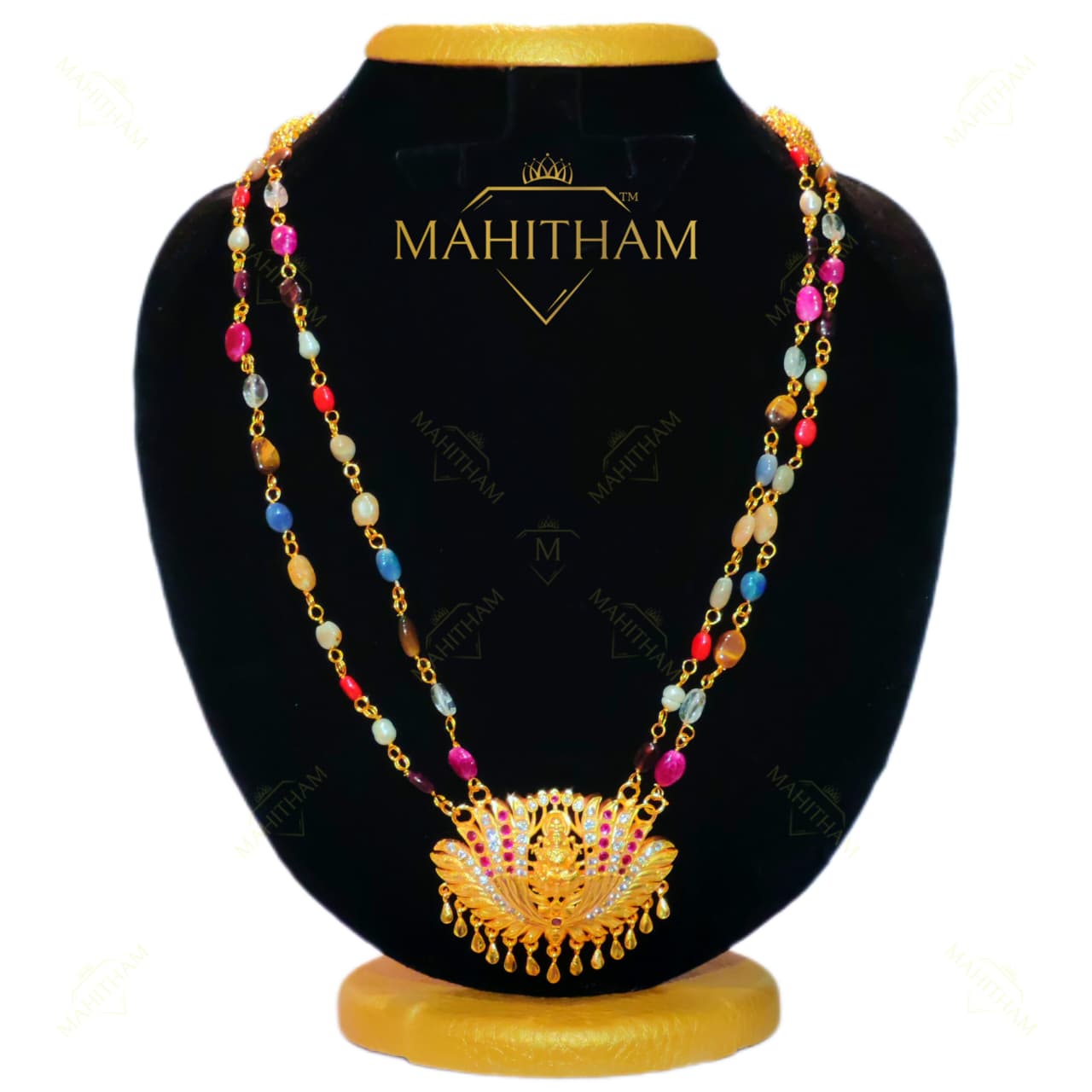 Navarathna Lakshmi Lotus Haram traditional long necklace ruby white stones MG-2234