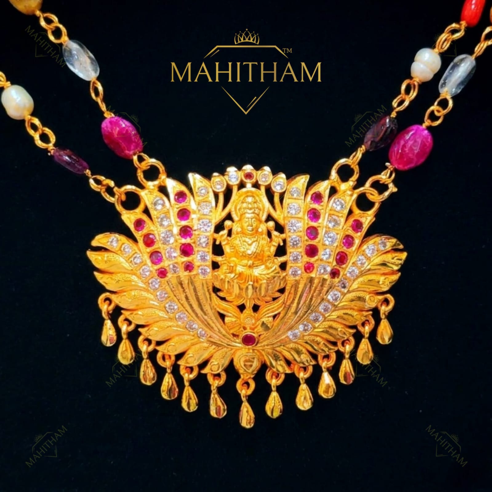 Lakshmi lotus pendant navarathna haram ruby white stones premium gold finish MG-2234