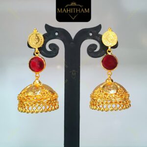 Red stone jhumka earrings with coin design traditional jewellery MG-2238