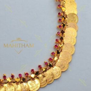 Lakshmi coin ruby haram close up ruby stone detailing adukku necklace MG-2243