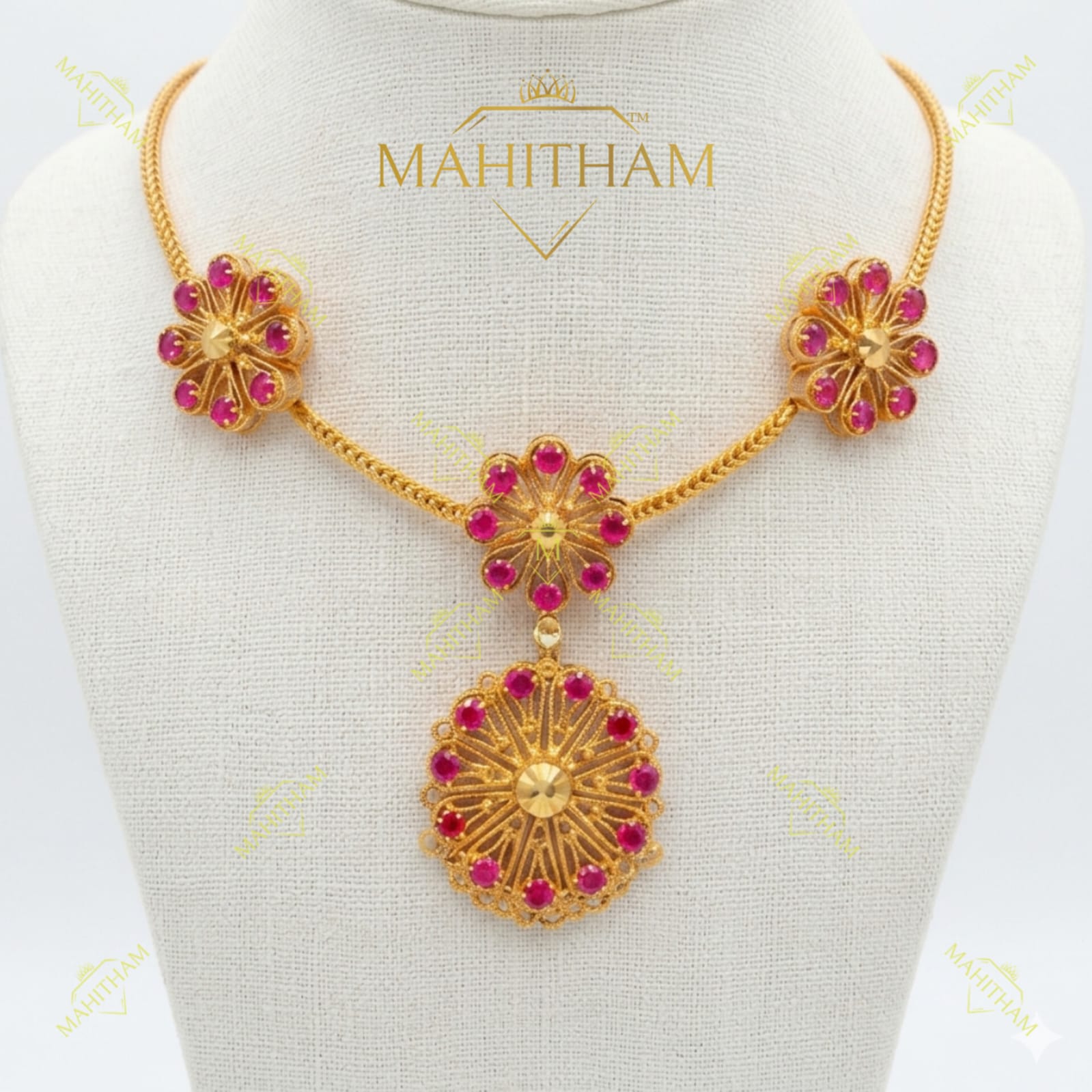 Akashathara pink AD stone necklace floral design MG-2244