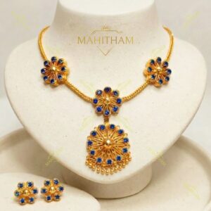Akashathara blue combo necklace and earstud set traditional floral design MG-2245