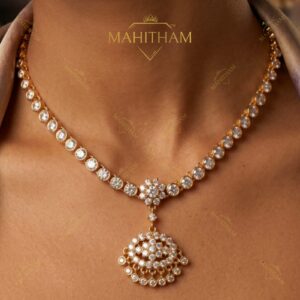 White AD stone necklace close neck view elegant pendant design MG-2248