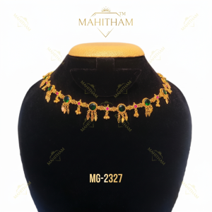 Mahitham Alukk Eka Green Necklace MG-2327 with oval green stones, ruby-pink accents and gold-finish hanging details