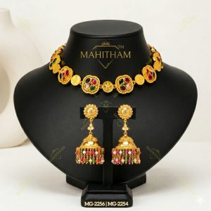 Multi-colour Combo Set MG-2254-2256 with colourful stone coin choker and matching hanging jhumka earrings in premium gold finish