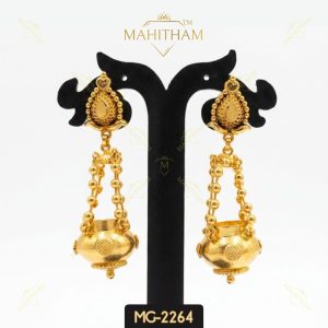 Mahitham Kudam Jhumka Earrings MG-2264 with golden hanging design and premium gold finish traditional styling