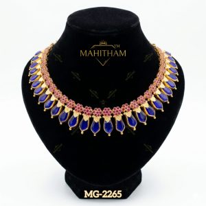 Blue Nagapadam Ruby Choker MG-2265 with blue glass stone design and ruby flower detailing in premium gold finish