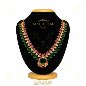 Green Nagapadam Flower Ruby Necklace MG-2267 with green glass stones and ruby flower pendant design