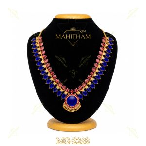 Blue Nagapadam Ruby Necklace MG-2268 with blue glass stones, ruby flower detailing, and pendant design in premium gold finish