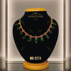 Green multi stone necklace with ruby floral accents and heritage-inspired motifs premium gold finish MG-2274