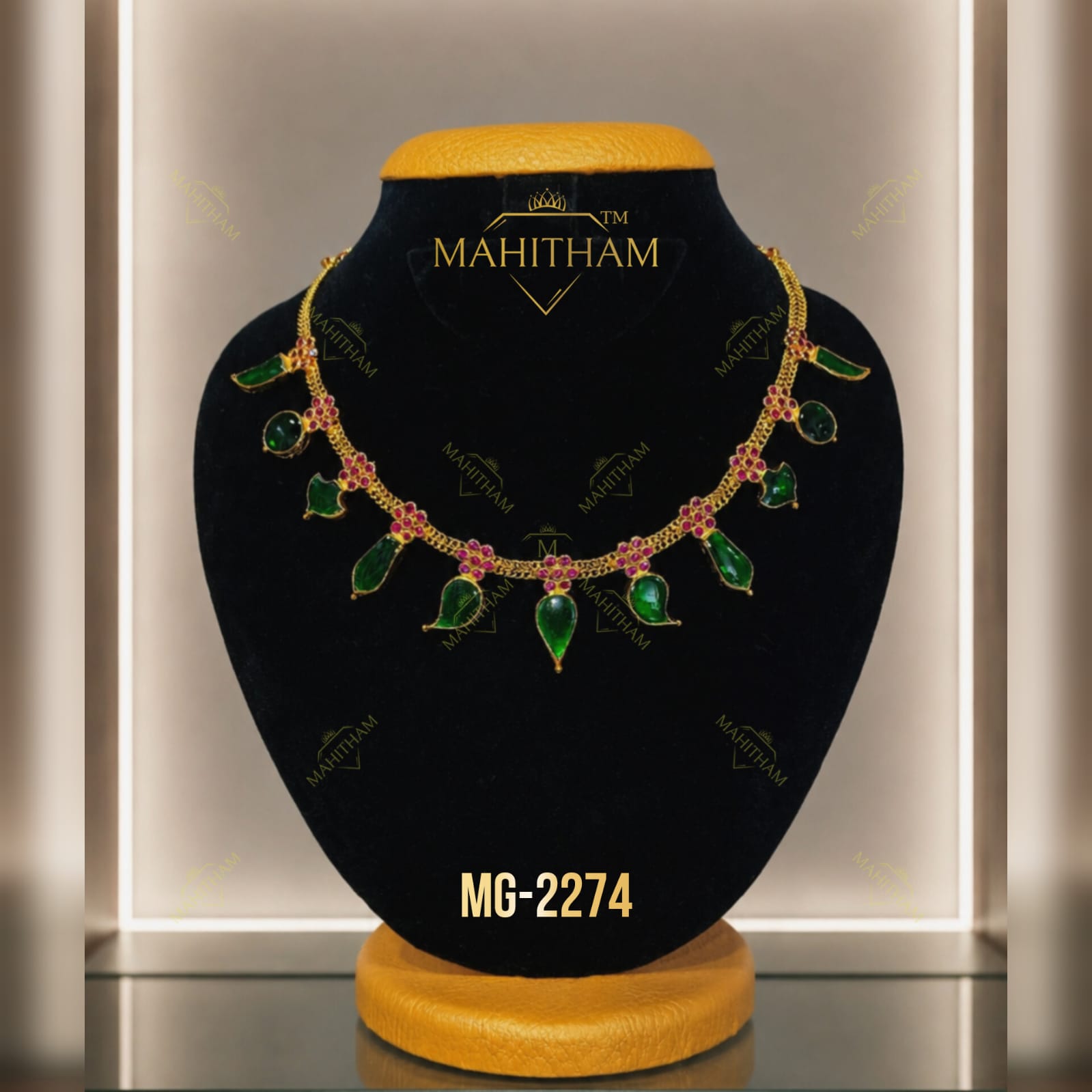 Green multi stone necklace with ruby floral accents and heritage-inspired motifs premium gold finish MG-2274