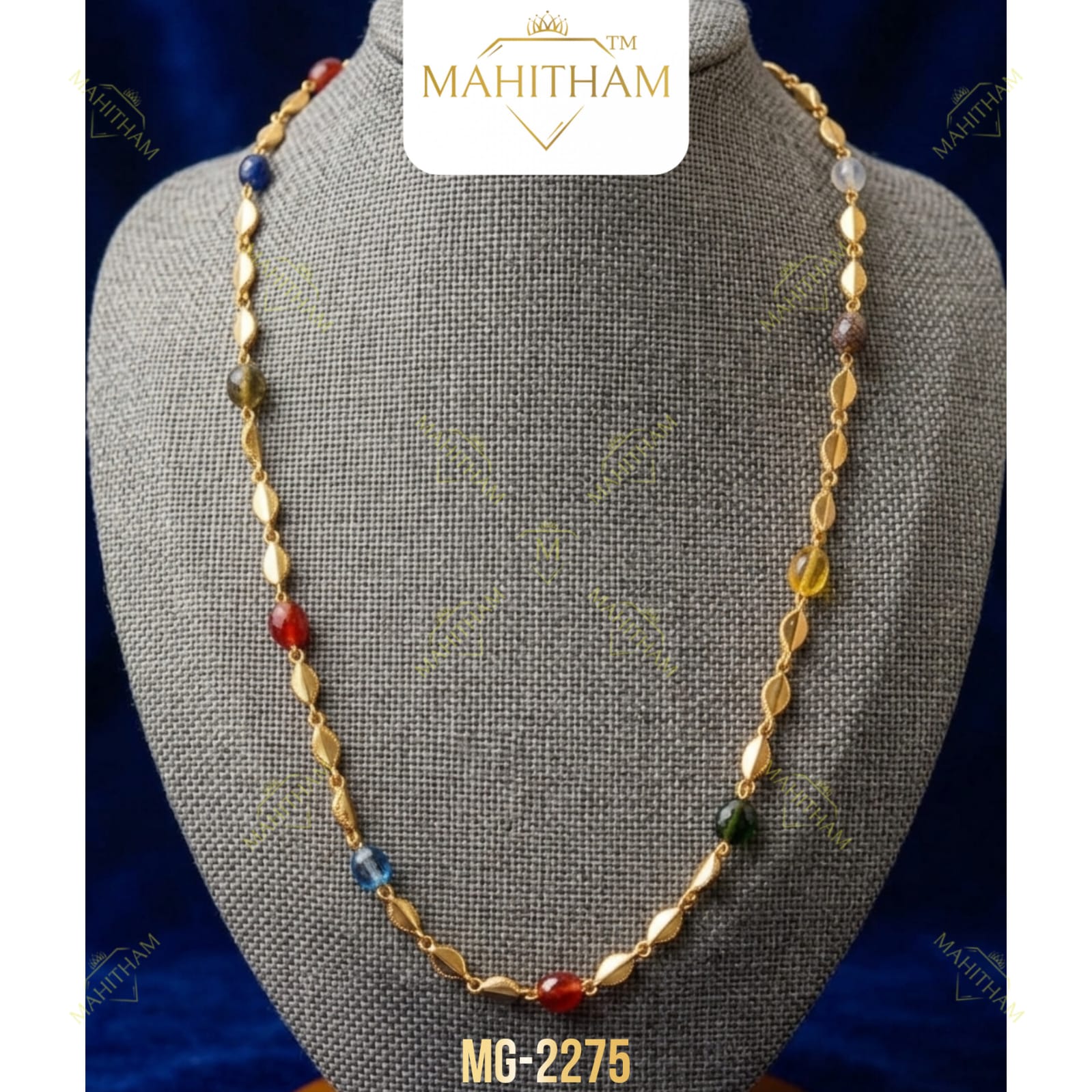 Navarathna avil mala chain with colourful stone accents and premium gold finish MG-2275