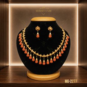 Pavizhamalli Necklace MG-2277 traditional coral drop necklace with matching earrings and premium gold finish