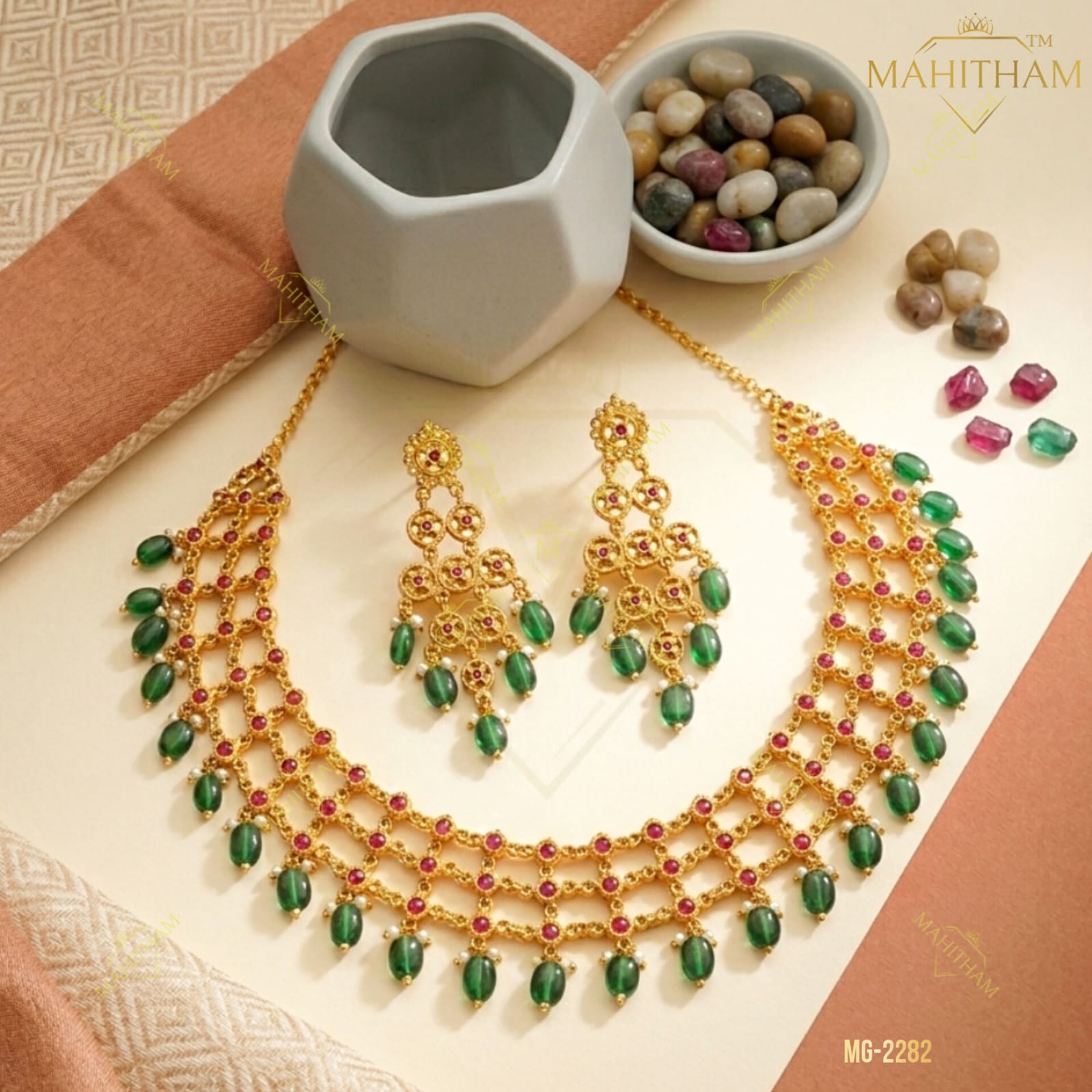 Layered Green Beads Hanging Combo Set MG-2282 Traditional Necklace Earrings