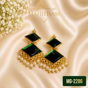Green Diamond Pearl Hanging Earrings MG-2286 with Green Glass Stone Premium Gold Finish