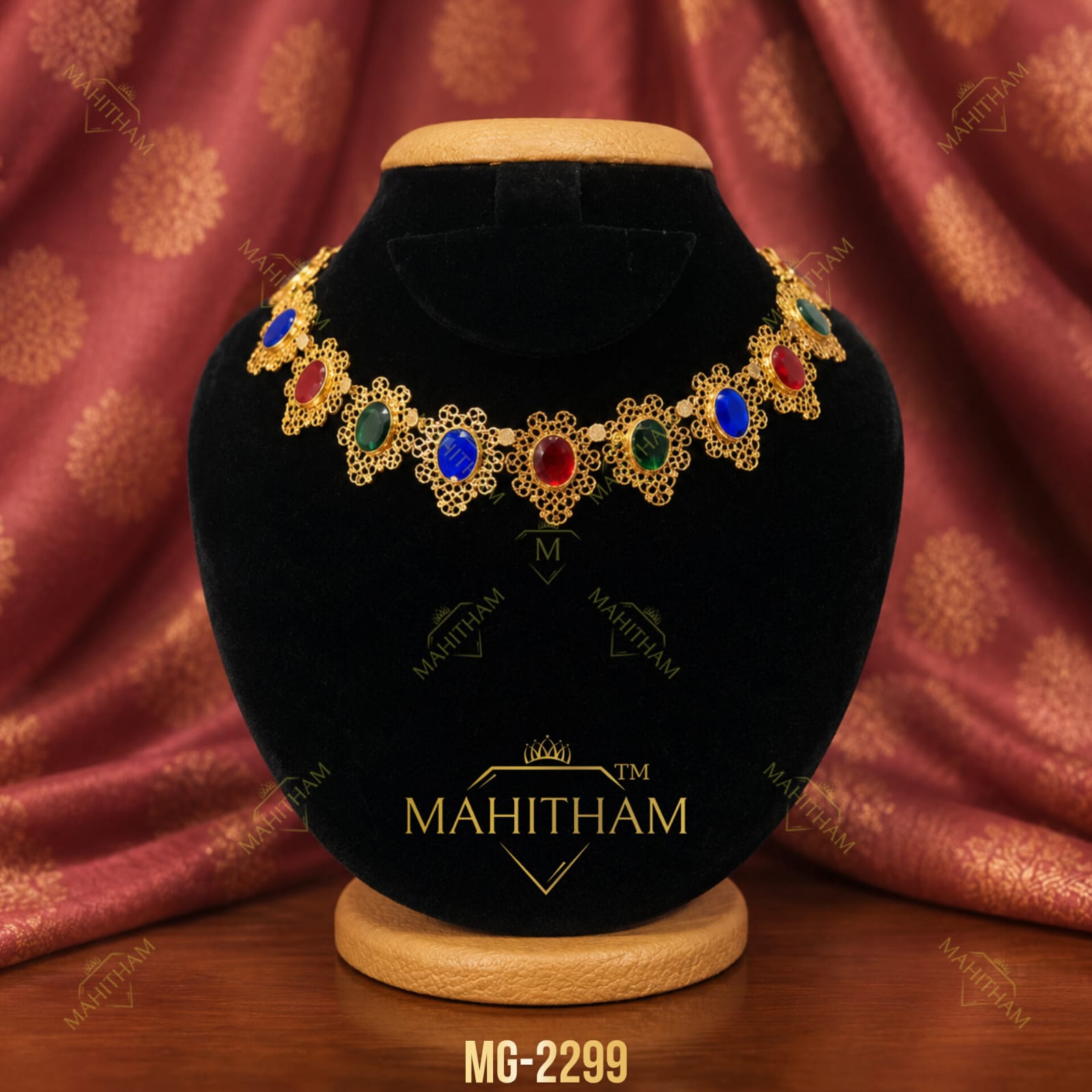Multi Colour Stone Necklace MG-2299 handcrafted traditional Kerala necklace with red green and blue oval glass stones and premium gold finish by Mahitham