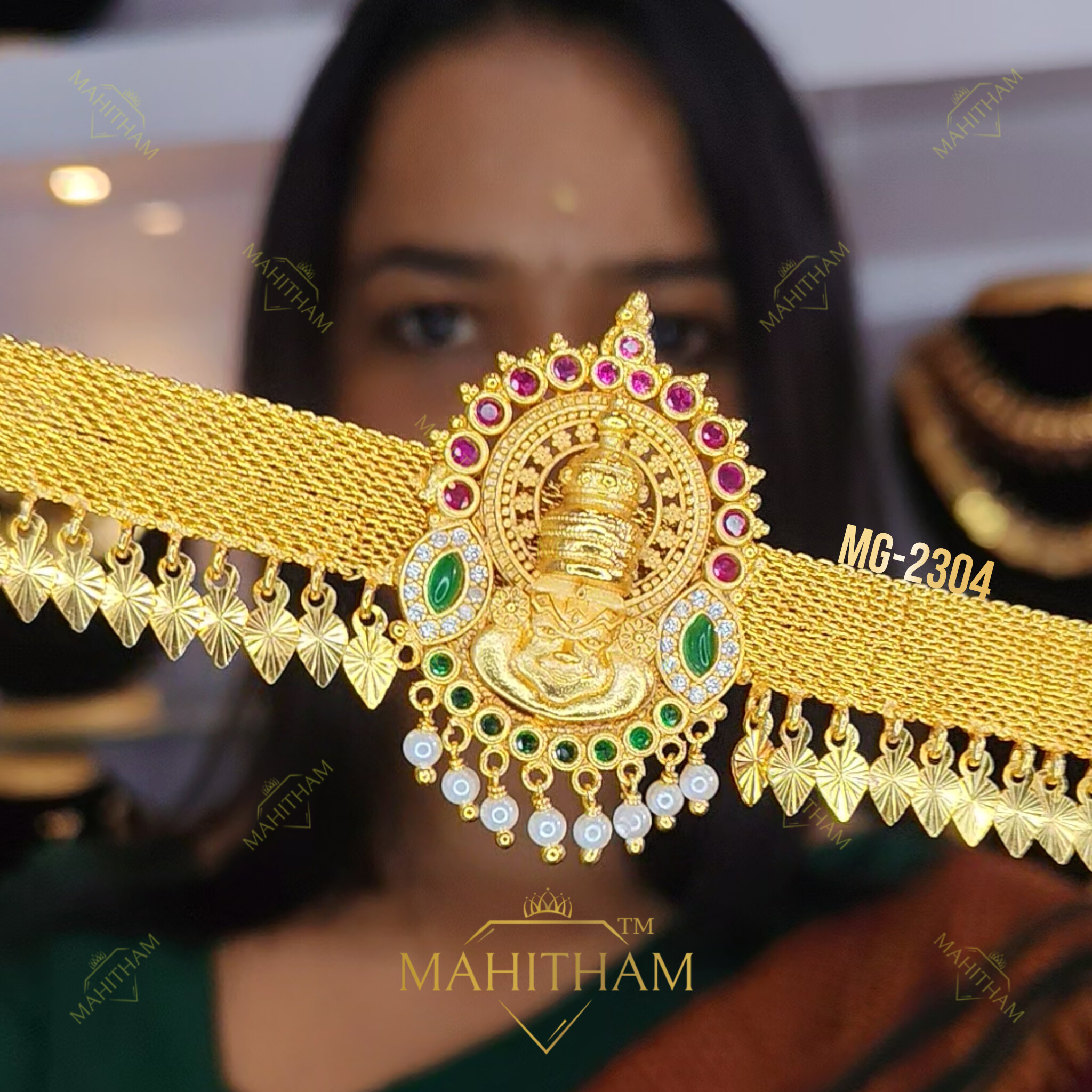 Kathakali Alukku Mala MG-2304 Traditional Kerala Choker Necklace with Ruby Green Stones and Pearl Drops