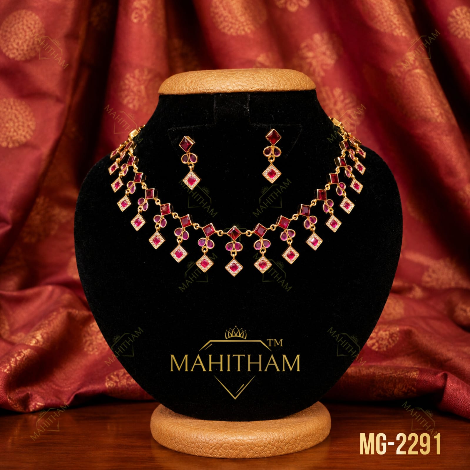 Ruby Stone Necklace Set MG-2291 | Square Stone Traditional Necklace