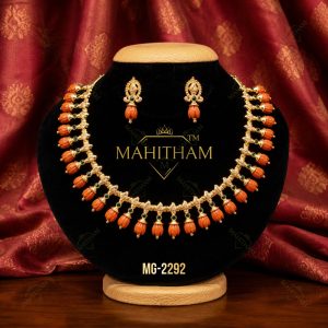 Pavizhamalli Green Stone Combo Set MG-2292 – Traditional coral drop necklace with matching earrings and premium gold finish