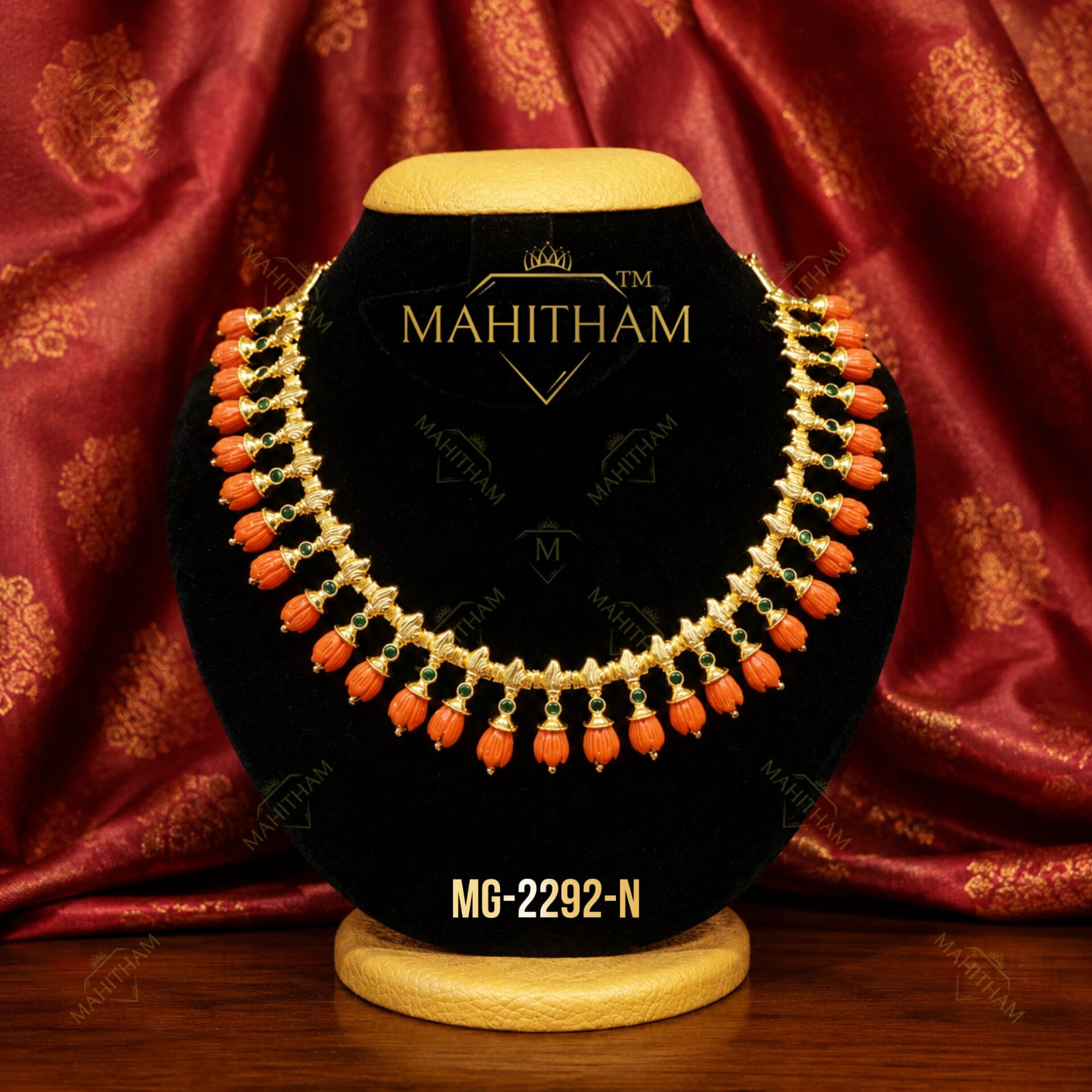 Pavizhamalli Green Stone Necklace MG-2292-N – Traditional coral hanging necklace with premium gold finish