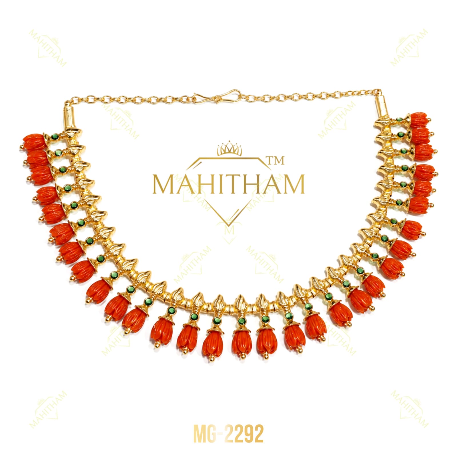 Pavizhamalli Green Stone Necklace MG-2292 – Handmade traditional coral drop necklace with green stones