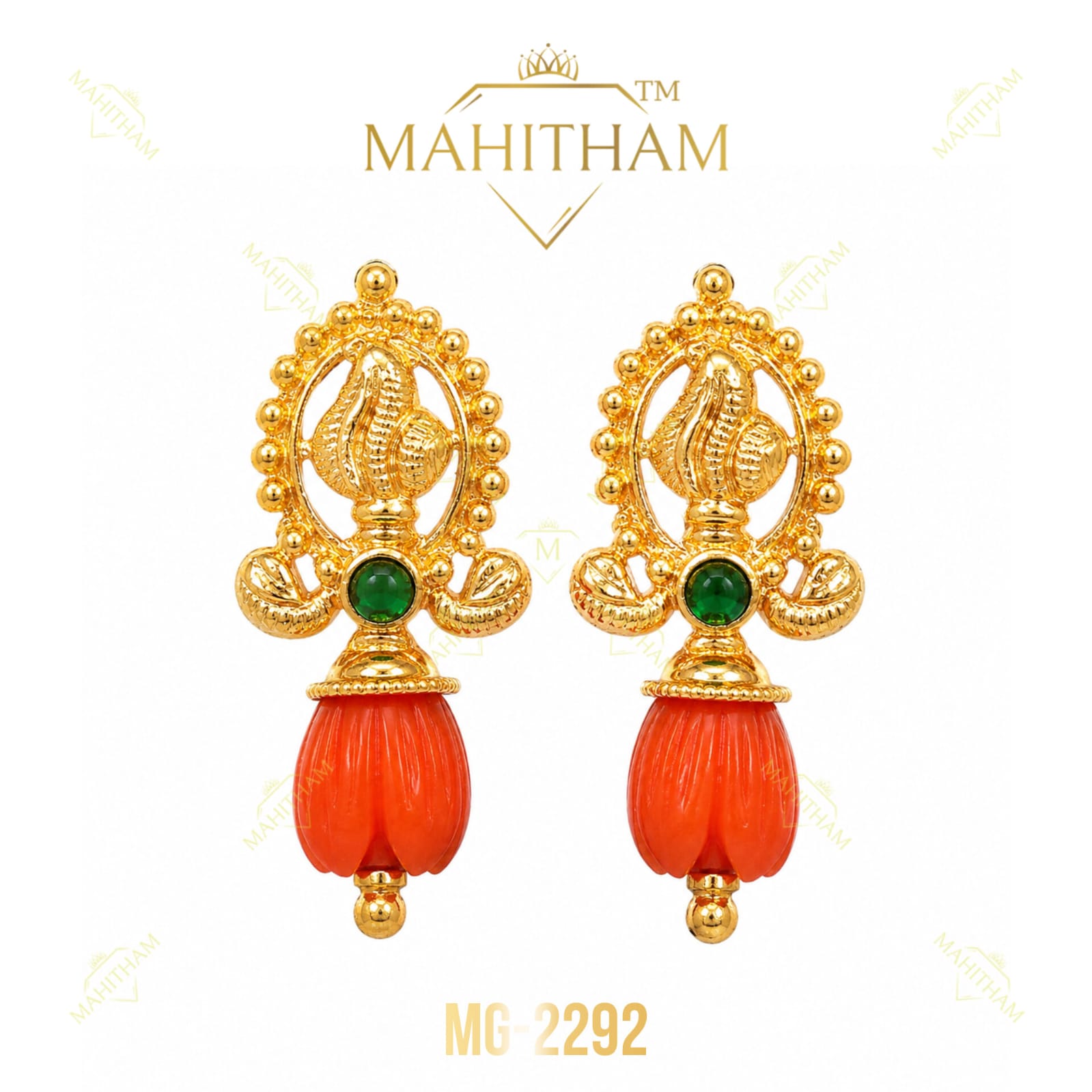 Pavizhamalli Green Stone Earrings MG-2292 – Traditional coral drop earrings with premium gold finish