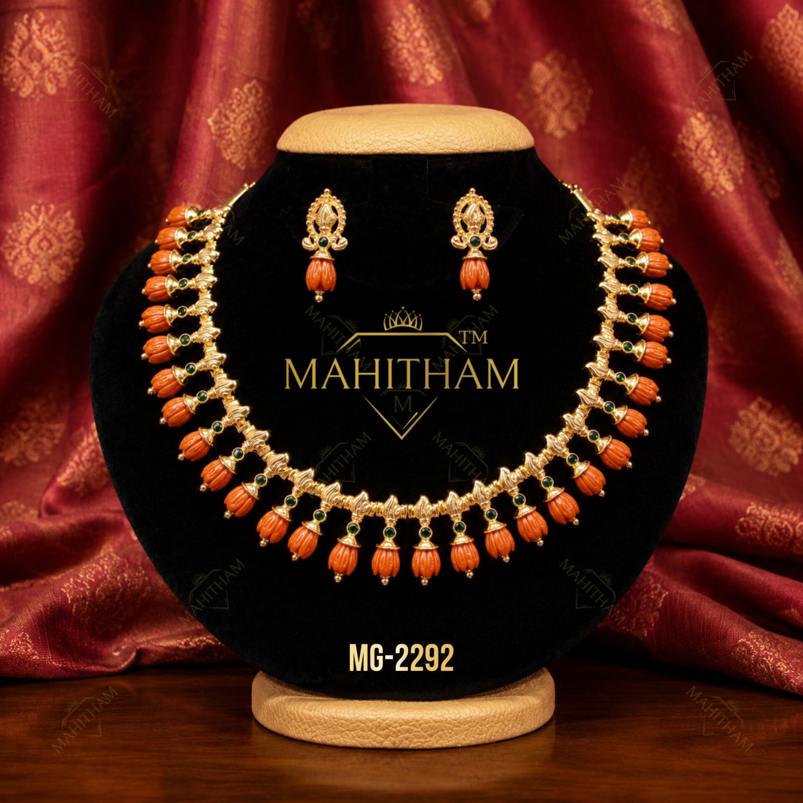 Pavizhamalli Green Stone Combo Set MG-2292 – Traditional coral drop necklace with matching earrings and premium gold finish