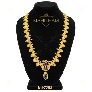 Thiruhridaya Cross Haram MG-2293 with alternating Cross motifs, violet glass stone, blue drop stone and premium gold finish.