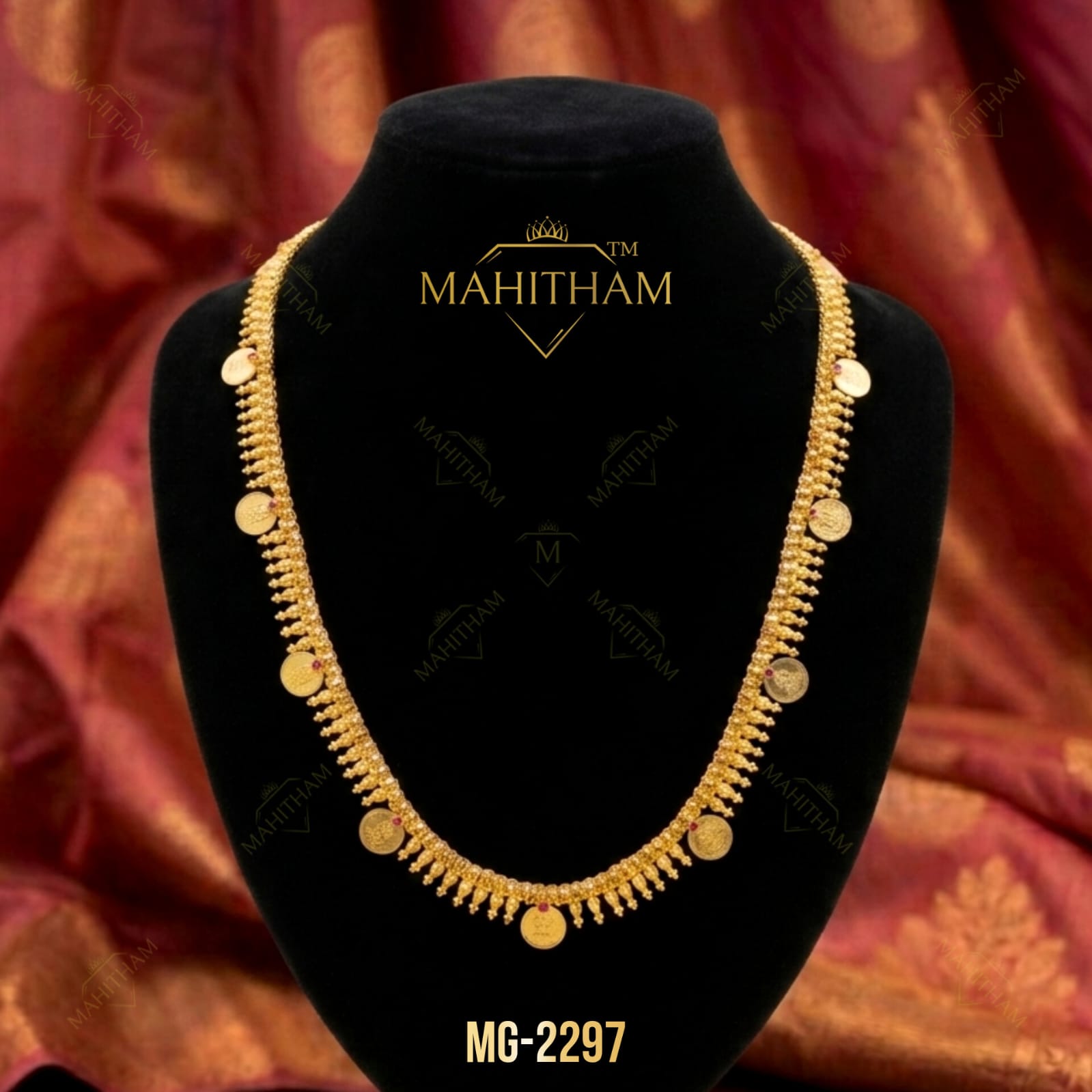 Custom Coin Long Necklace MG-2297 Traditional Kerala Gold Finish Necklace with Ruby Stones